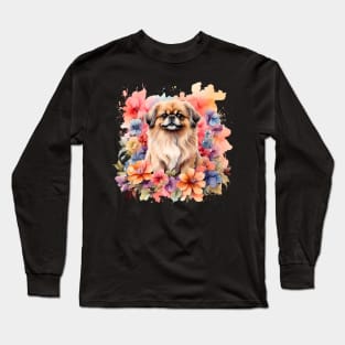A pekingese decorated with beautiful watercolor flowers Long Sleeve T-Shirt
